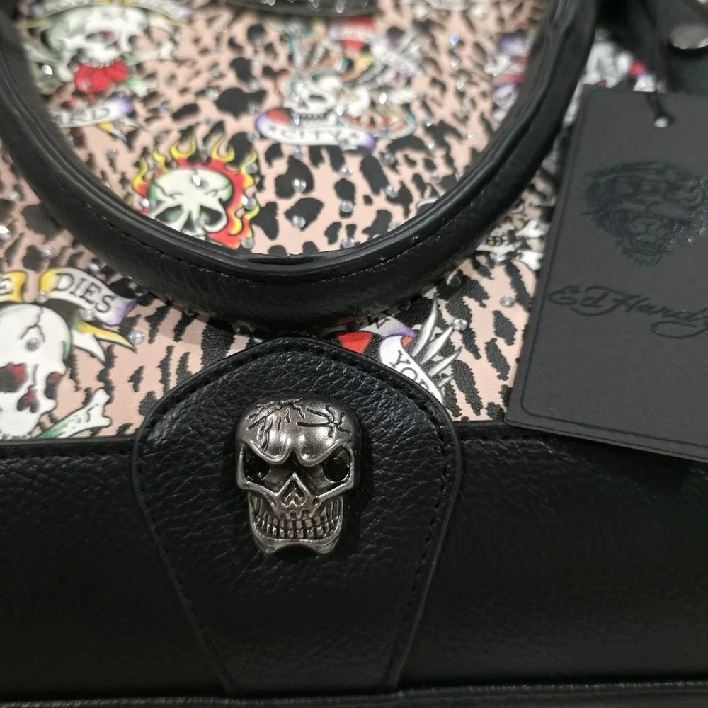 Ed Hardy Leopard Tattoo Print Satchel Handbag with Skull Hardware